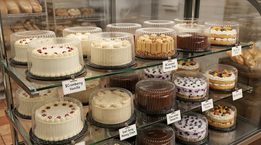 Premium bakery display with 9 inch round plastic cake containers and high dome lids