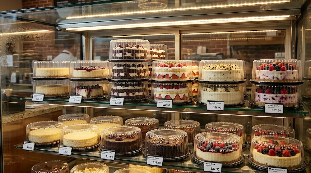 9 inch round plastic cake containers with low dome lids stacked in a premium bakery display case
