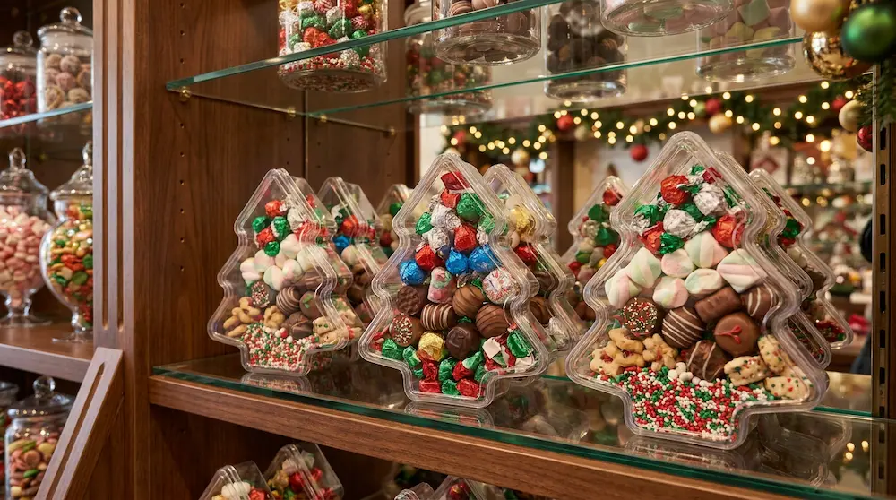 Premium clear PET Christmas tree shaped candy boxes in a high-end candy store display