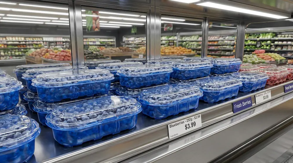 premium supermarket display with 250g blue base clamshell blueberry packaging