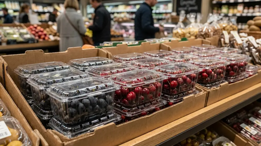 Premium wide vented PET/rPET fruit clamshell containers for berries and grapes in retail produce display