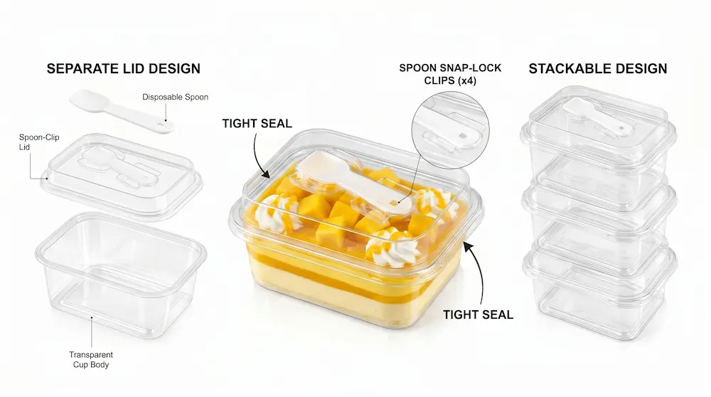 Rectangular PET dessert box with separate lid disposable spoon tight seal and stackable design