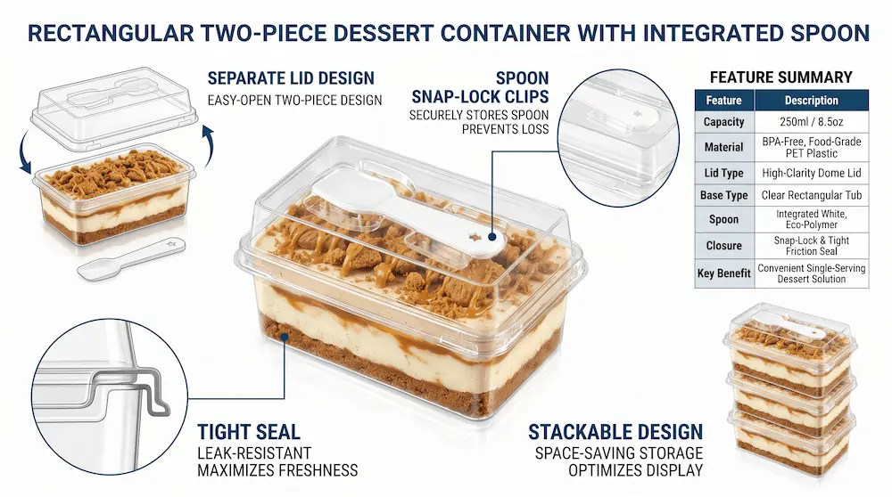 Rectangular two-piece PET dessert container with integrated spoon feature summary