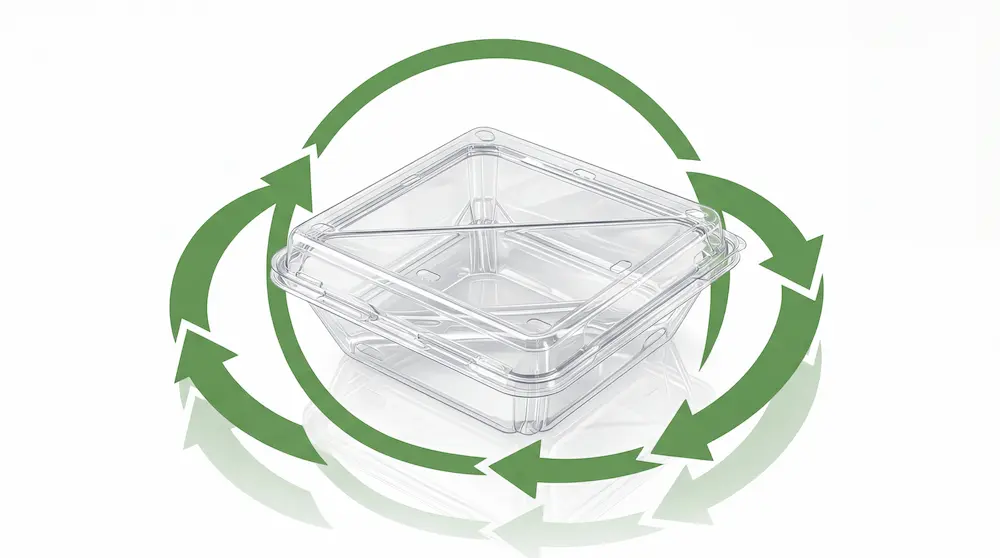 2 compartment PET clamshell container with green recycle arrows showing recyclable packaging concept
