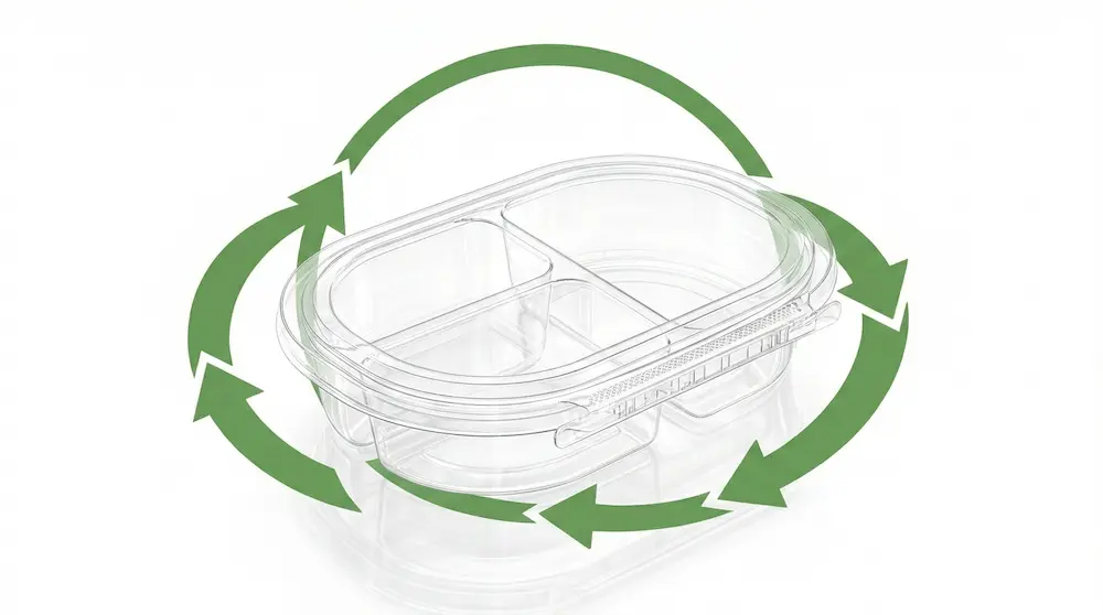 Recyclable 24 oz RPET three-compartment tamper evident food container