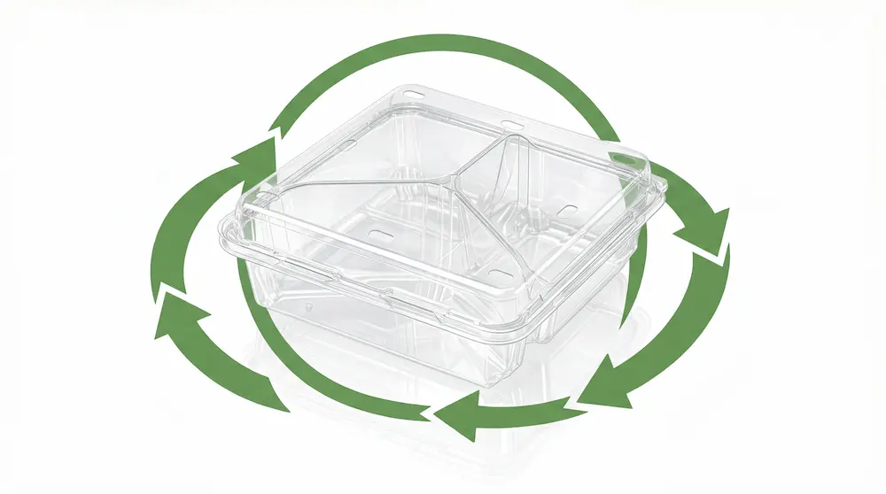 3 Compartment PET Clamshell Container with green recycle arrows showing a recyclable packaging concept
