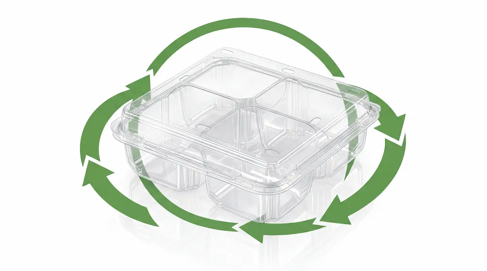 Recyclable 4 Compartment PET Clamshell Container with green recycle arrows for sustainable fruit packaging