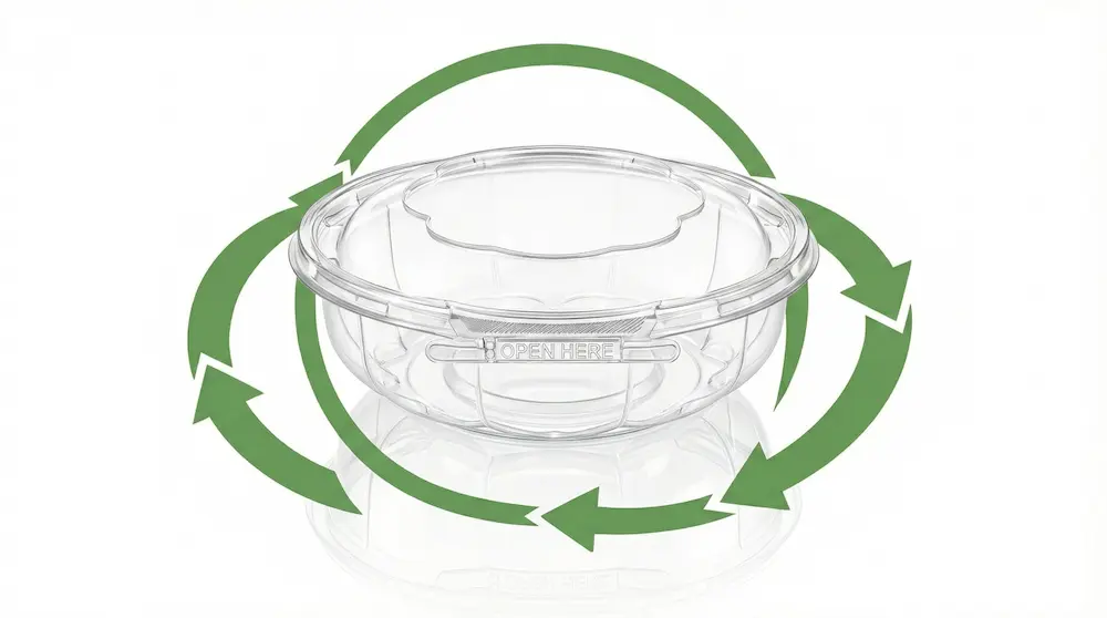 Recyclable clear PET tamper evident round bowl with anti-fog dome lid