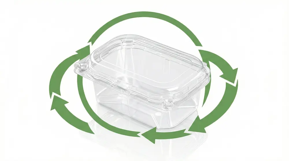 Recyclable small rectangular vented anti-fog fruit clamshell container with green circular arrows