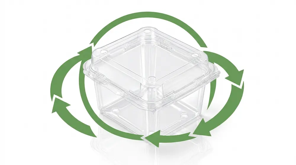 Recyclable small square vented anti-fog fruit clamshell container with green circular arrows