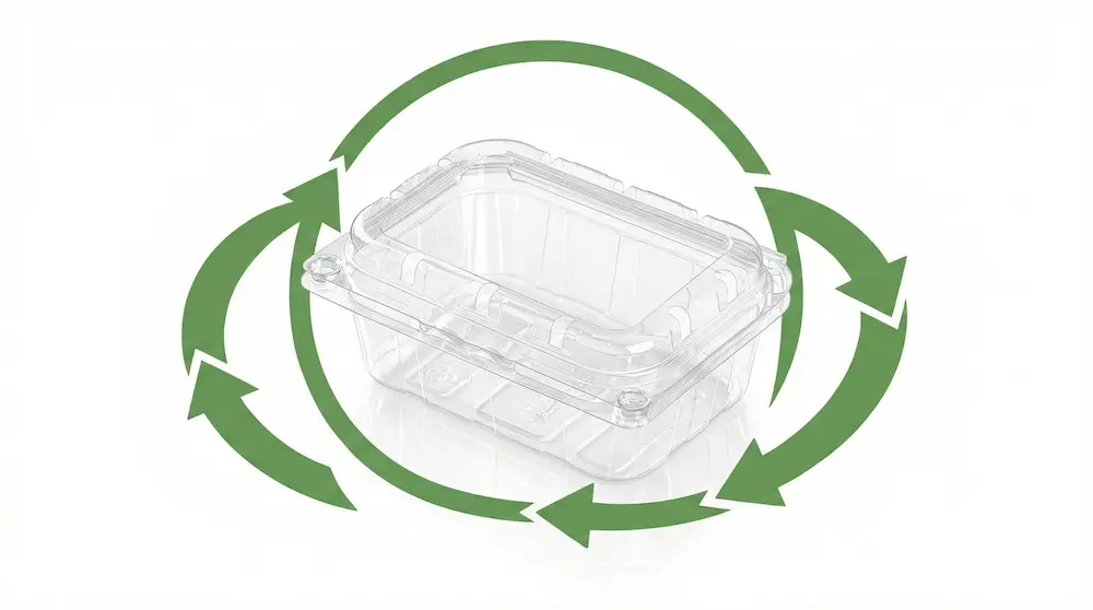 Recyclable small vented anti-fog PET fruit clamshell container with green circular arrows