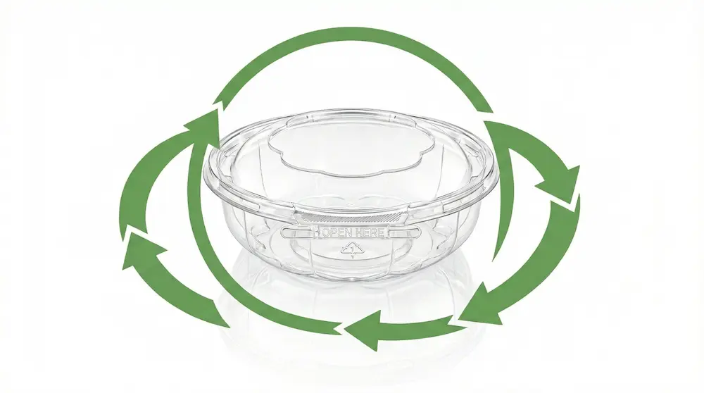 Recyclable tamper evident clear PET round bowl with green circular arrows