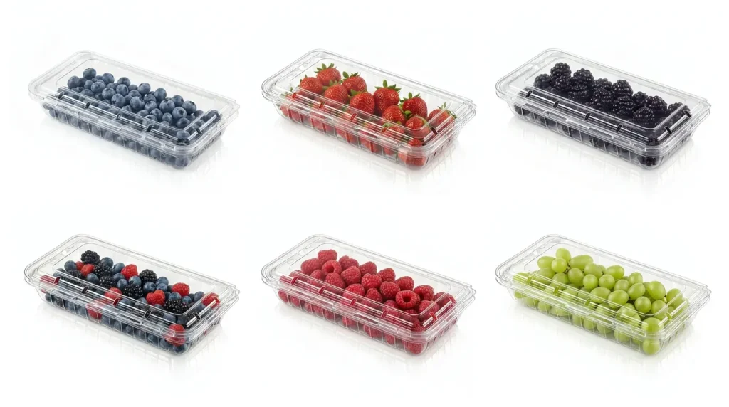 Reliable 8.8oz Vented Berry Clamshell Box assortment with blueberries, strawberries, raspberries, blackberries, mixed berries, and grapes