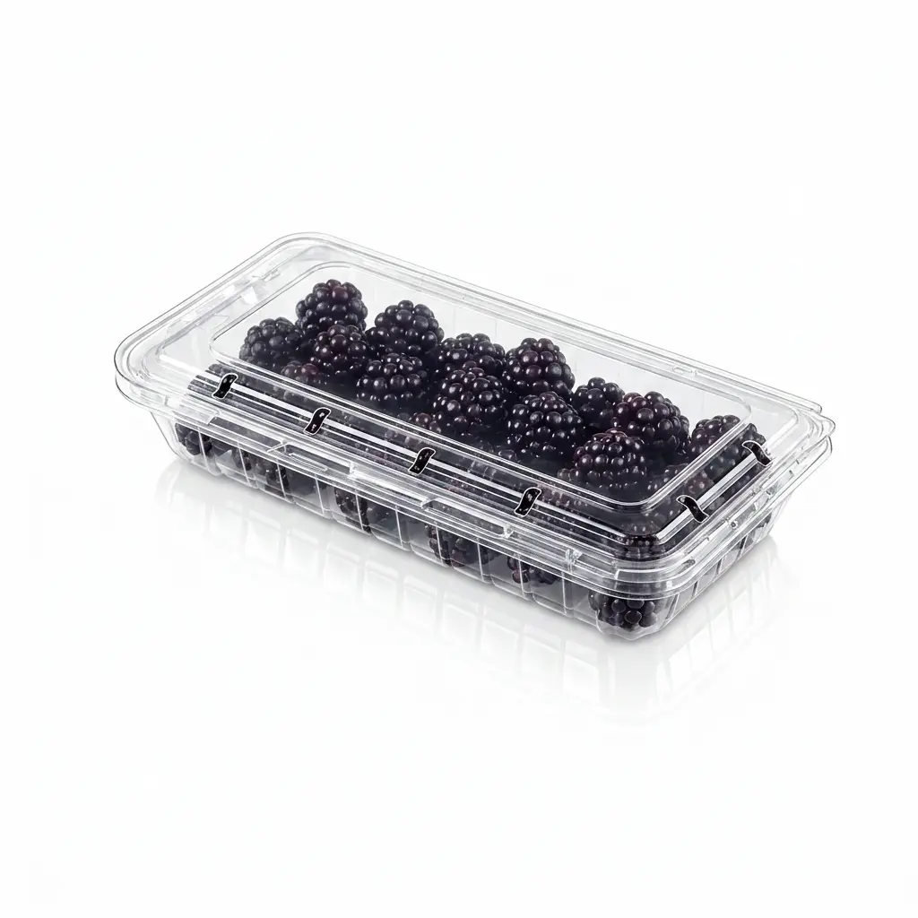reliable-8-8oz-vented-berry-clamshell-box-blackberries Reliable 8.8oz Vented Berry Clamshell Box packed with fresh blackberries in transparent PET packaging