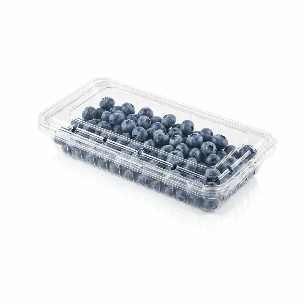 Reliable 8.8oz Vented Berry Clamshell Box filled with fresh blueberries in transparent produce packaging