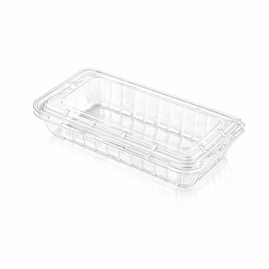 reliable-8-8oz-vented-berry-clamshell-box-empty-closed Empty Reliable 8.8oz Vented Berry Clamshell Box with clear PET rectangular structure and vented lid design