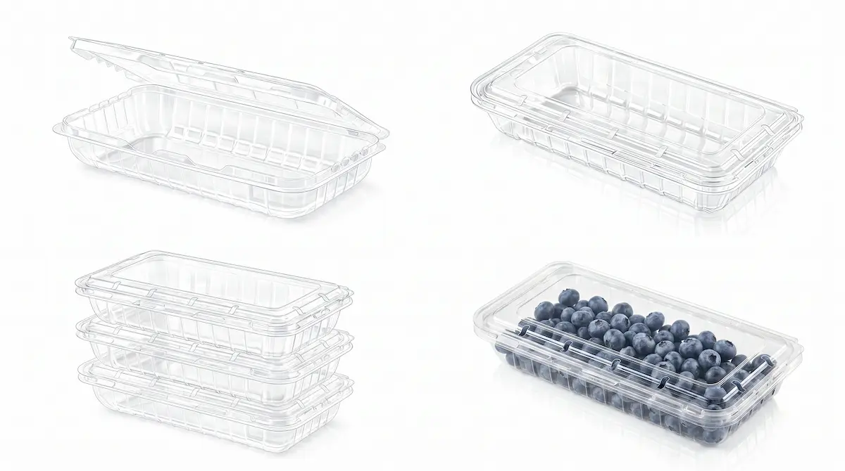 Reliable 8.8oz Vented Berry Clamshell Box feature collage showing open view, closed view, stackability, and blueberry packaging