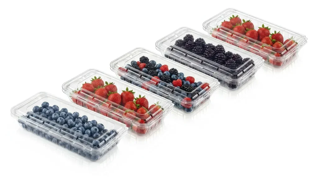Reliable 8.8oz Vented Berry Clamshell Box group display with blueberries, strawberries, blackberries, and mixed berries