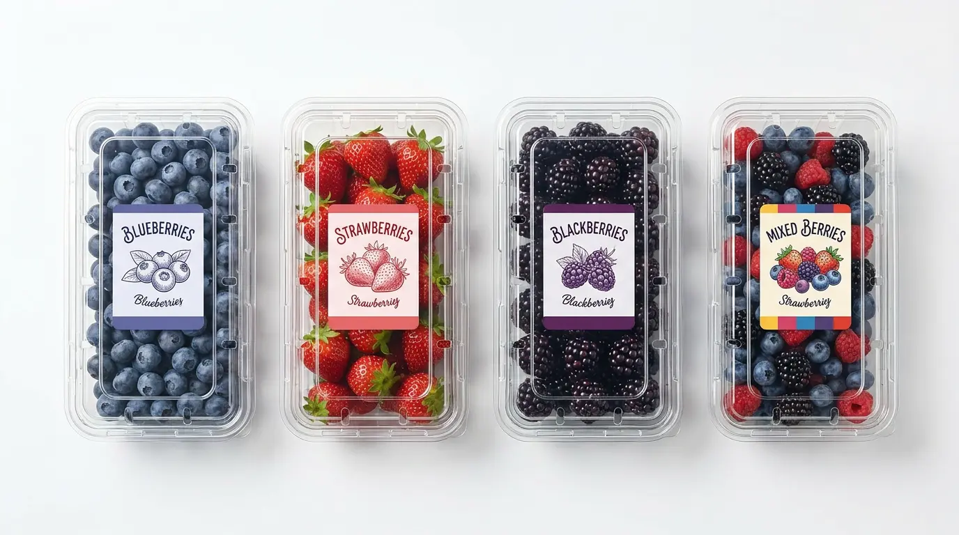 Reliable 8.8oz Vented Berry Clamshell Box with berry labels for blueberries, strawberries, blackberries, and mixed berries