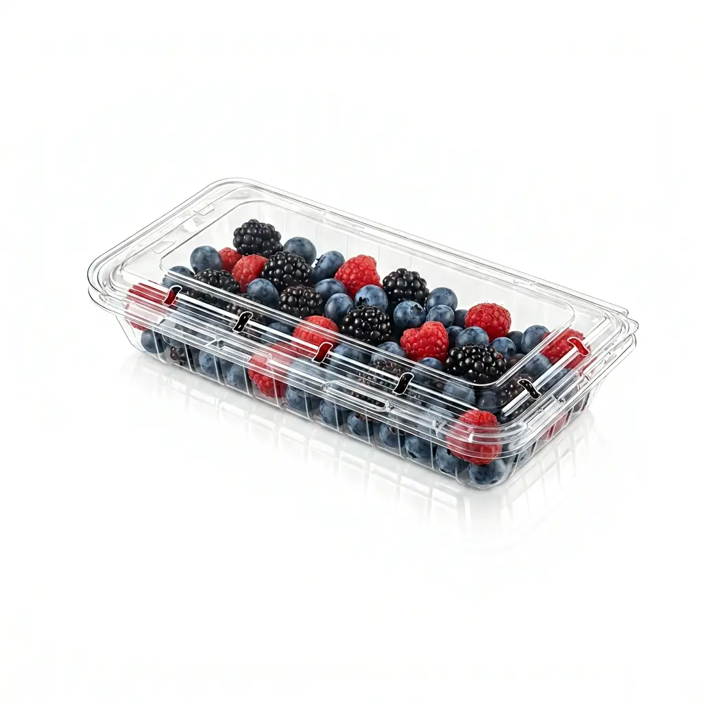 reliable-8-8oz-vented-berry-clamshell-box-mixed-berries Reliable 8.8oz Vented Berry Clamshell Box filled with mixed berries in clear PET packaging