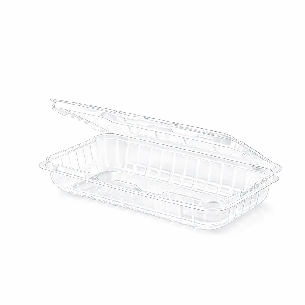 reliable-8-8oz-vented-berry-clamshell-box-open-empty Open empty Reliable 8.8oz Vented Berry Clamshell Box showing integrated hinge and clear PET tray structure