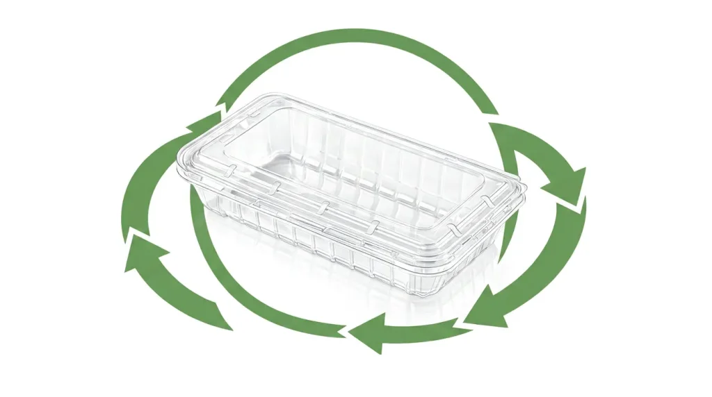 Reliable 8.8oz Vented Berry Clamshell Box with green recycling arrows for recyclable PET packaging concept