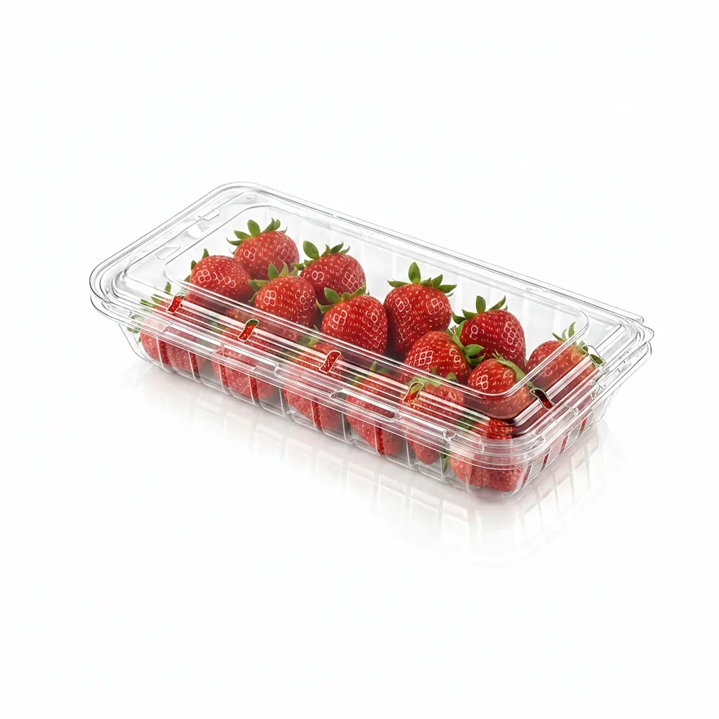 reliable-8-8oz-vented-berry-clamshell-box-strawberries Reliable 8.8oz Vented Berry Clamshell Box filled with fresh strawberries in clear PET berry packaging