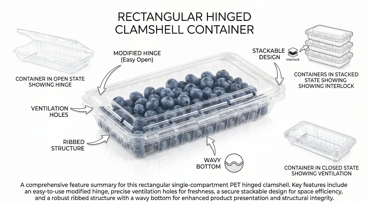 Reliable 8.8oz Vented Berry Clamshell Box feature diagram with modified hinge, ventilation holes, ribbed structure, and wavy bottom