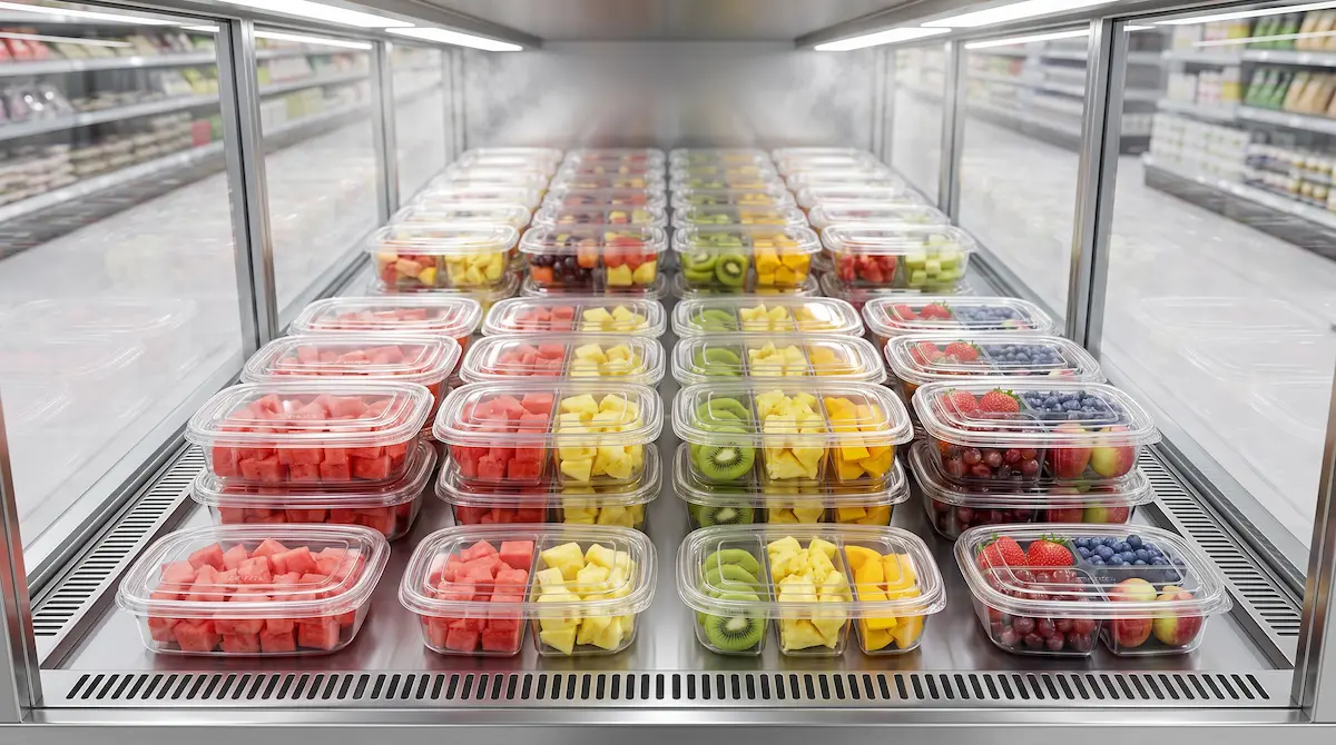 Clear PET four-compartment container for strawberries, mixed fruit, and snack portions on supermarket shelf