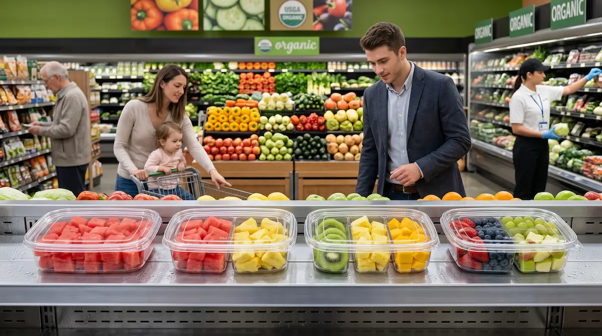 Clear PET fruit and nut containers with anti-fog lids in organic supermarket produce display