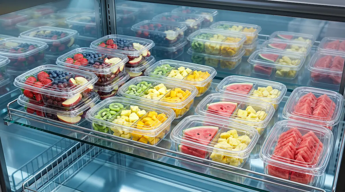 Shopper selecting clear PET fruit and snack containers in supermarket cooler, featuring 17OZ 500ML three-compartment snack packaging