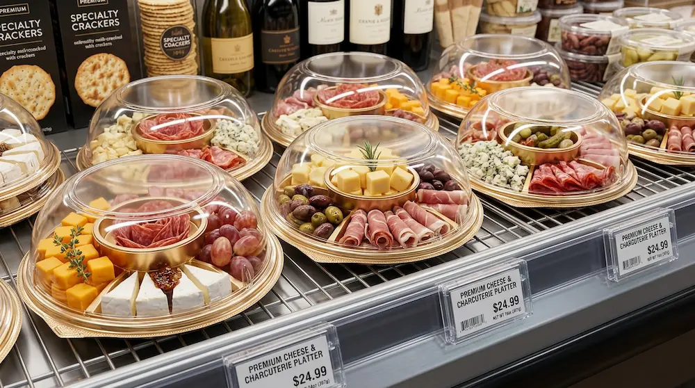 Round 5-compartment cheese and charcuterie party tray with clear dome lid displayed in a premium supermarket deli section.