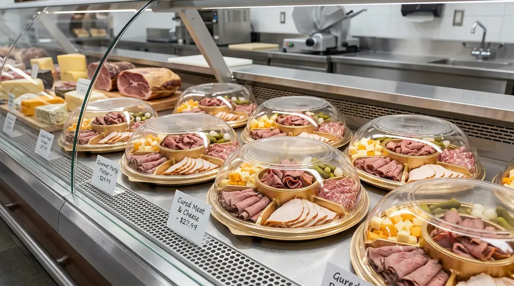 Round 5-compartment deli meat and cheese party tray with clear dome lid displayed in a deli service counter.