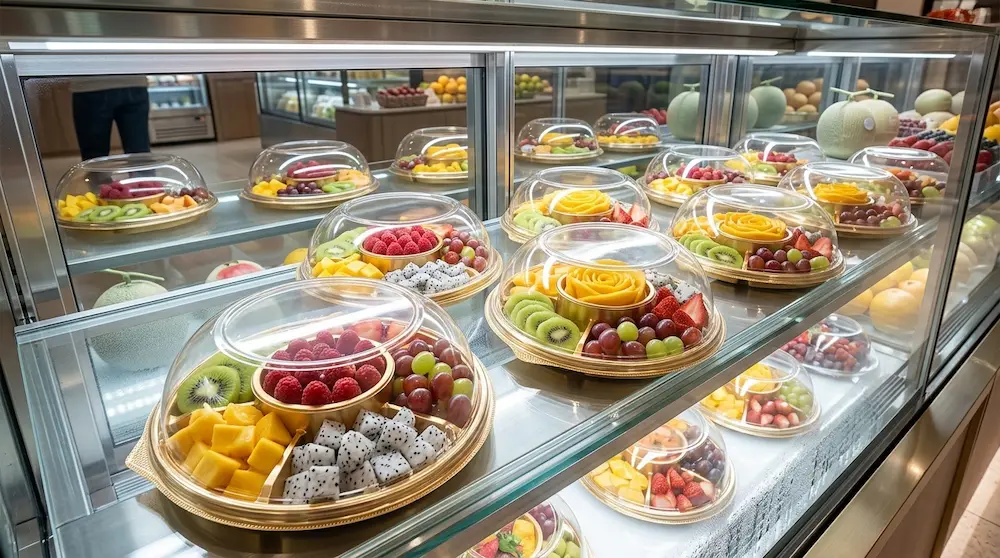 Round 5-compartment fruit party tray with clear dome lid displayed in a refrigerated supermarket fruit showcase.