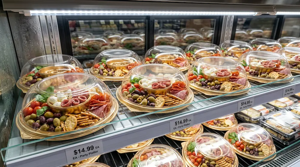 Round 5-compartment party snack tray with clear dome lid for antipasto assortments including olives, crackers, meats, and cheese in a refrigerated supermarket case.
