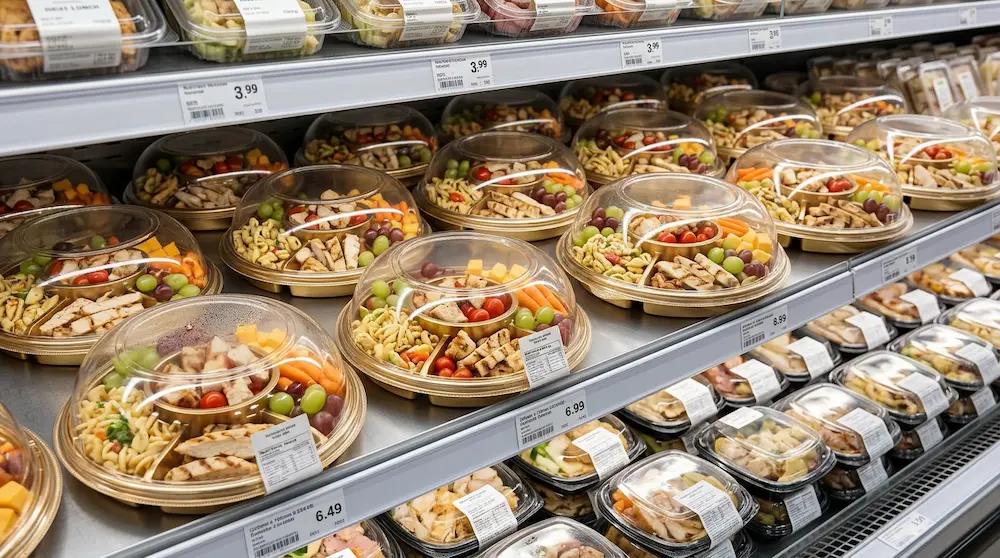 Round 5-compartment ready-to-eat party tray with clear dome lid for snack and meal assortments in a supermarket refrigerated shelf.