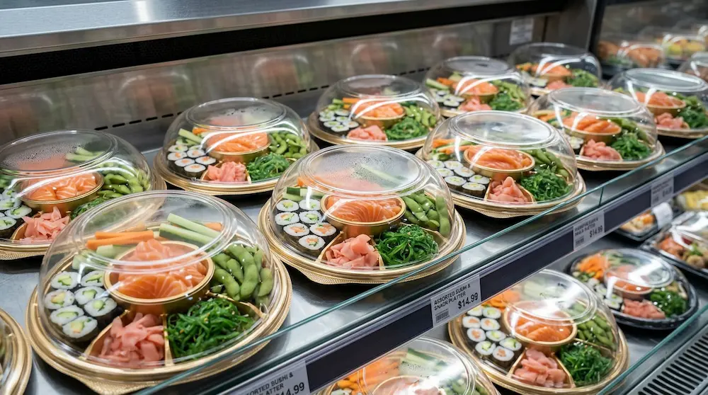 Round 5-compartment sushi party tray with clear dome lid for assorted sushi, salmon, edamame, seaweed salad, and vegetable snacks in a chilled supermarket display.