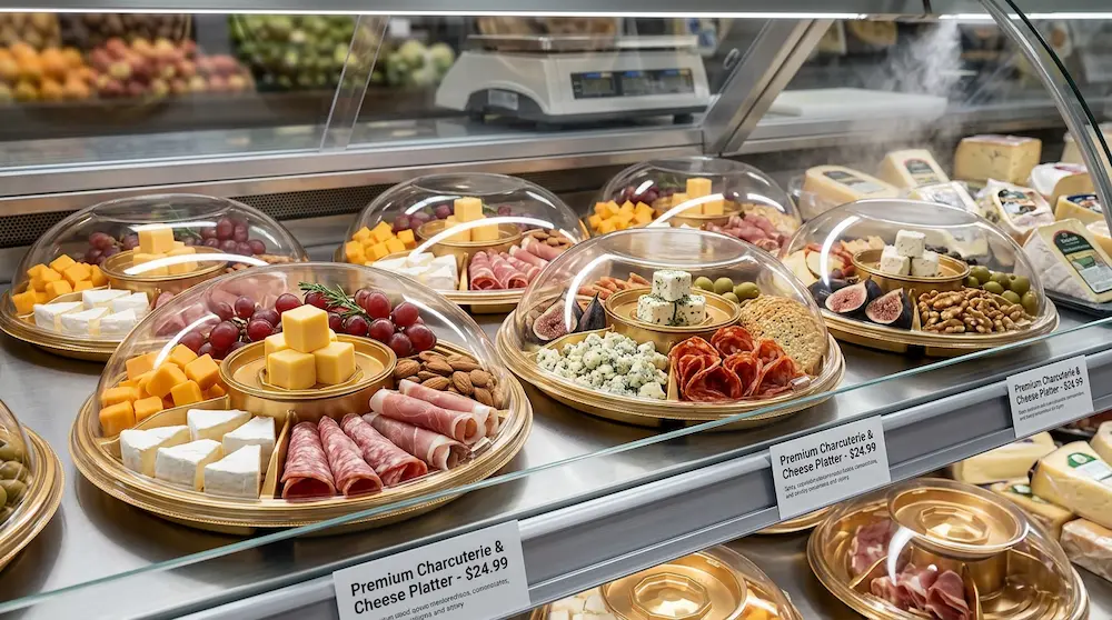 Round 6-compartment tray with clear dome lid for cheese and charcuterie platter packaging in an upscale grocery refrigerated display.