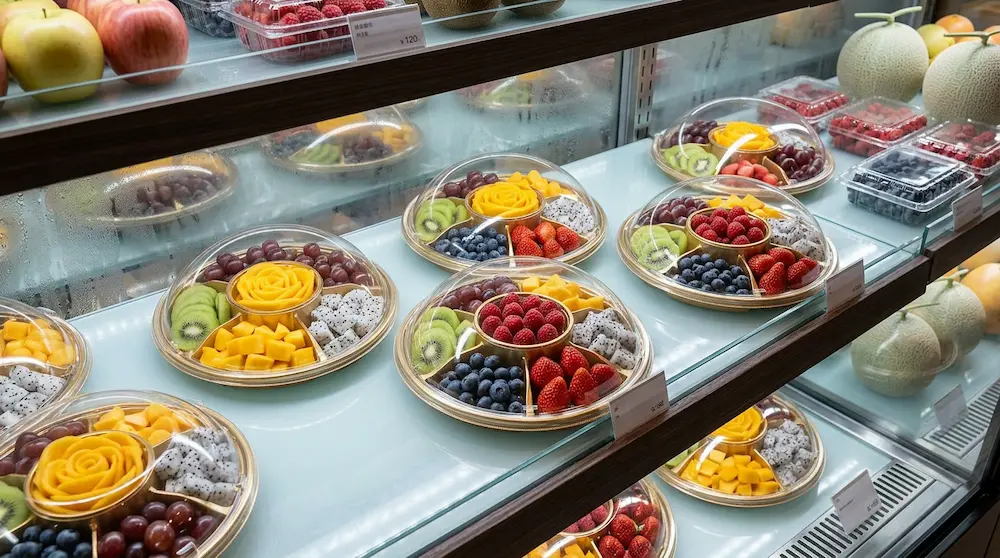 Round 6-compartment tray with clear dome lid used for fresh fruit platter packaging in a refrigerated fruit shop display.