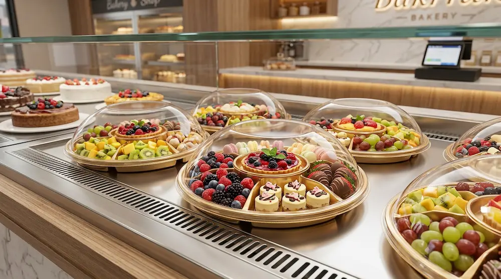 Round 6-compartment tray with clear dome lid for fruit, dessert, berries, macarons, and mini cake platter display in a bakery counter.