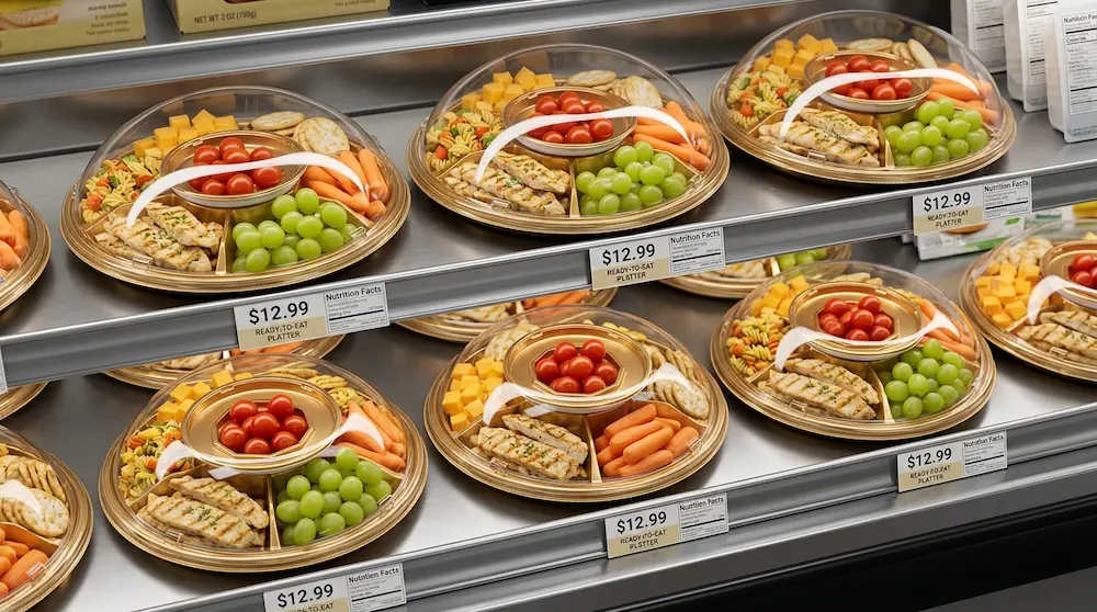 Round 6-compartment tray with clear dome lid for ready-to-eat lunch platter packaging with grilled chicken, pasta, grapes, carrots, tomatoes, and cheese.