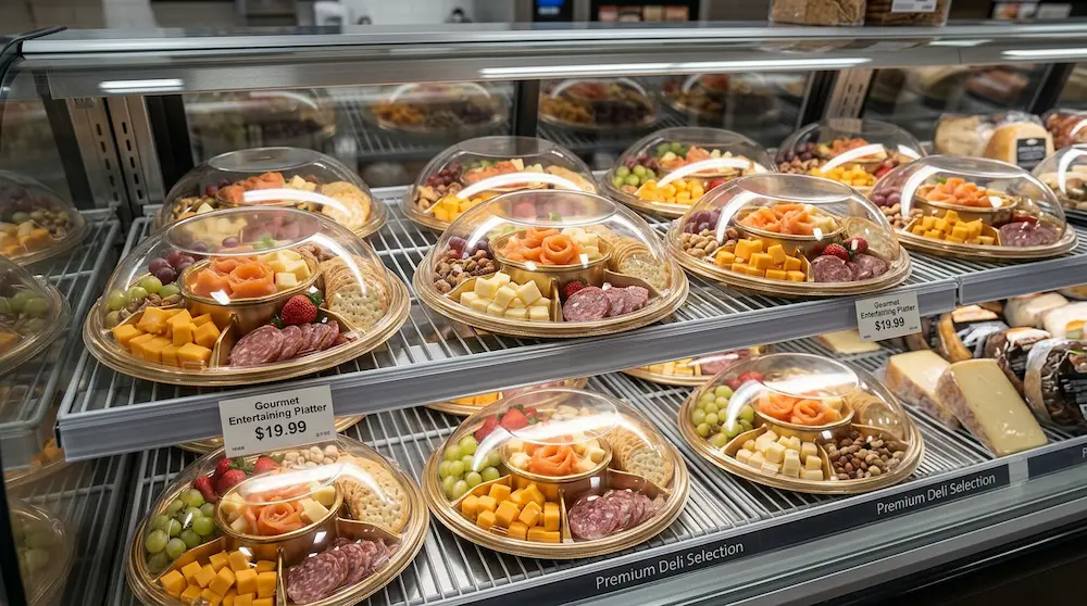 Round 6-compartment tray with clear dome lid displayed in an upscale supermarket deli with cheese, crackers, grapes, nuts, and cured meats.