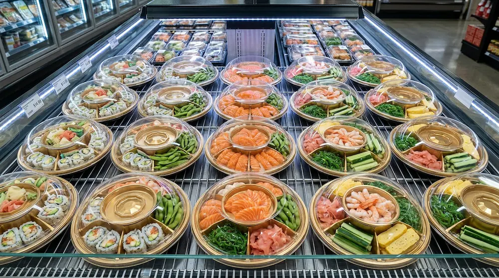Round 6-compartment tray with clear dome lid for sushi, seafood, edamame, vegetables, and snack platter display in a supermarket chiller.