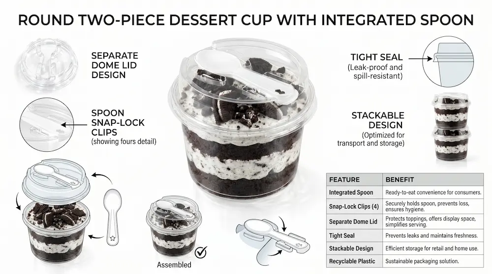 Round two-piece PET dessert cup with integrated spoon feature summary