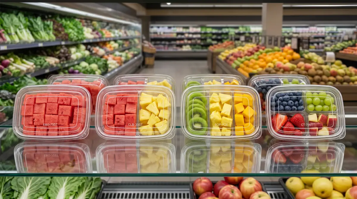 Shopper selecting clear PET four-compartment fruit and snack container from supermarket refrigerated shelf