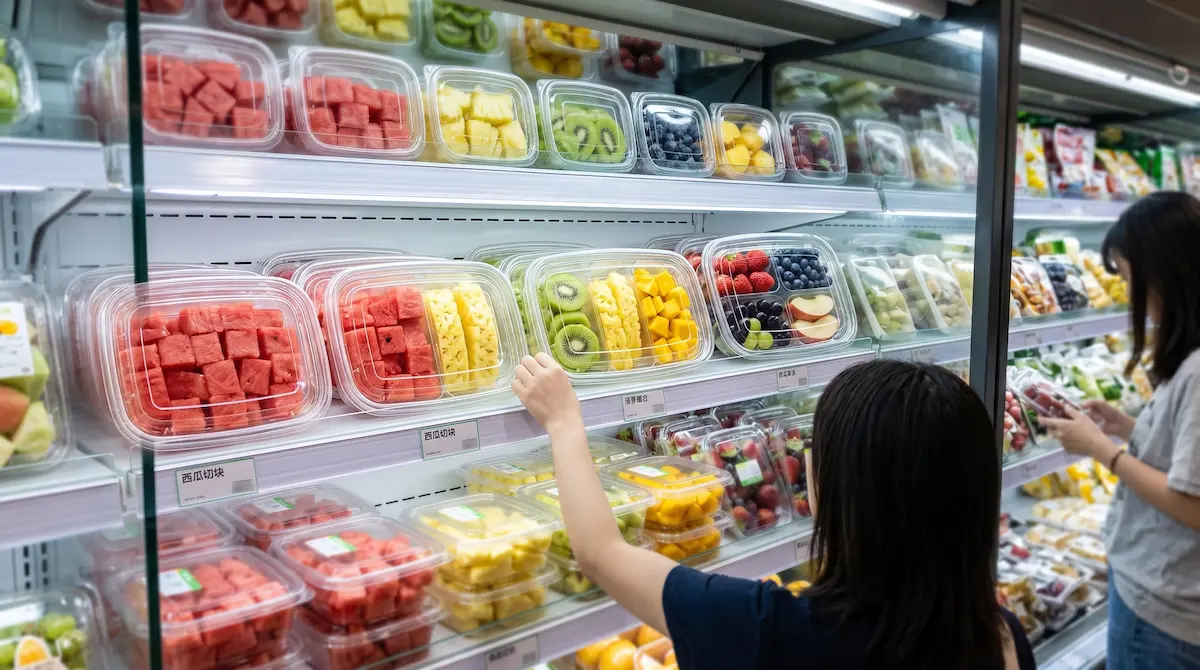 Clear PET snack containers in refrigerated retail display, featuring 17OZ 500ML three-compartment packaging options for fruit and snacks