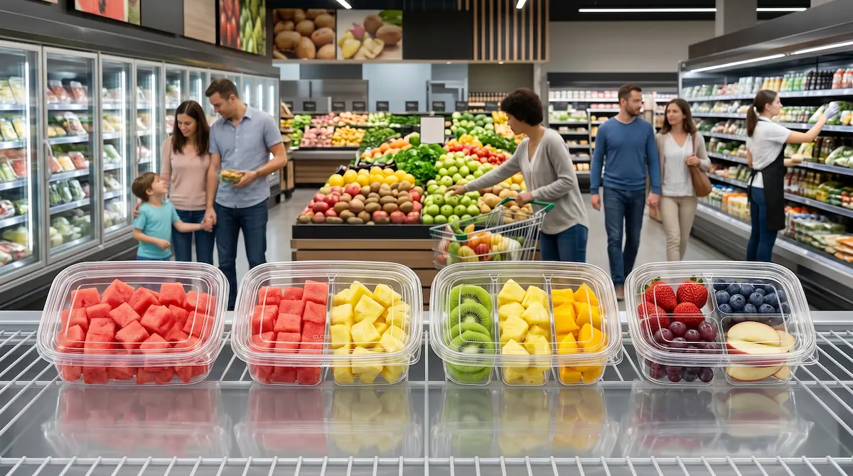 Retail display of clear PET fruit and nut containers with anti-fog lids for grab-and-go fresh produce packaging