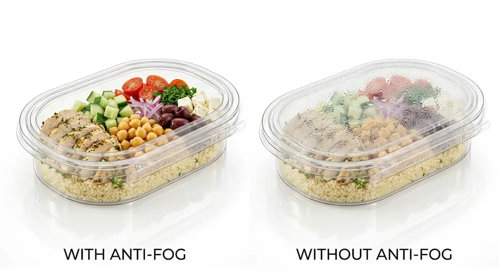 Single compartment tamper evident container with anti-fog and without anti-fog comparison