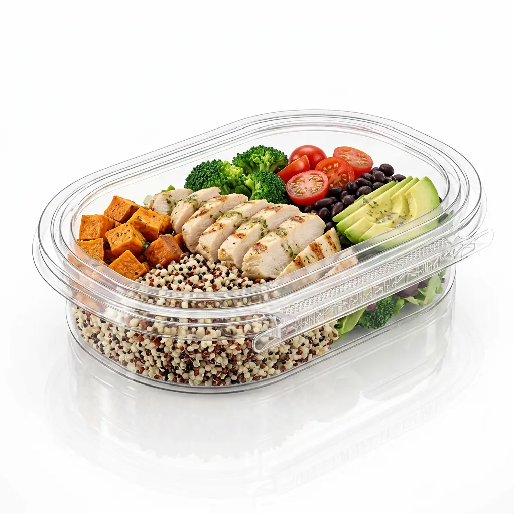 single-compartment-tamper-evident-container-chicken-quinoa Single compartment tamper evident container for grilled chicken quinoa meal