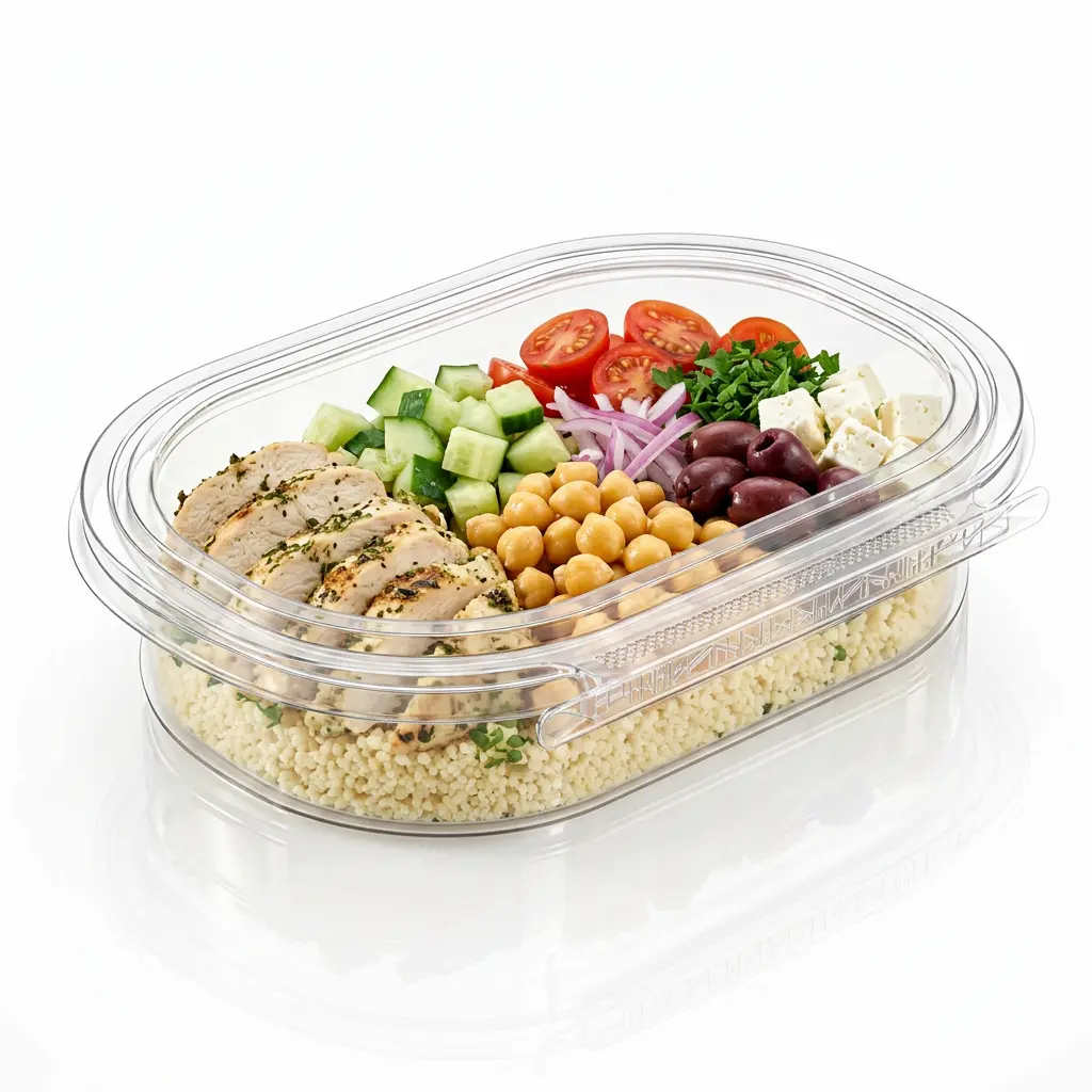 single-compartment-tamper-evident-container-mediterranean-chicken Single compartment tamper evident container for Mediterranean chicken meal